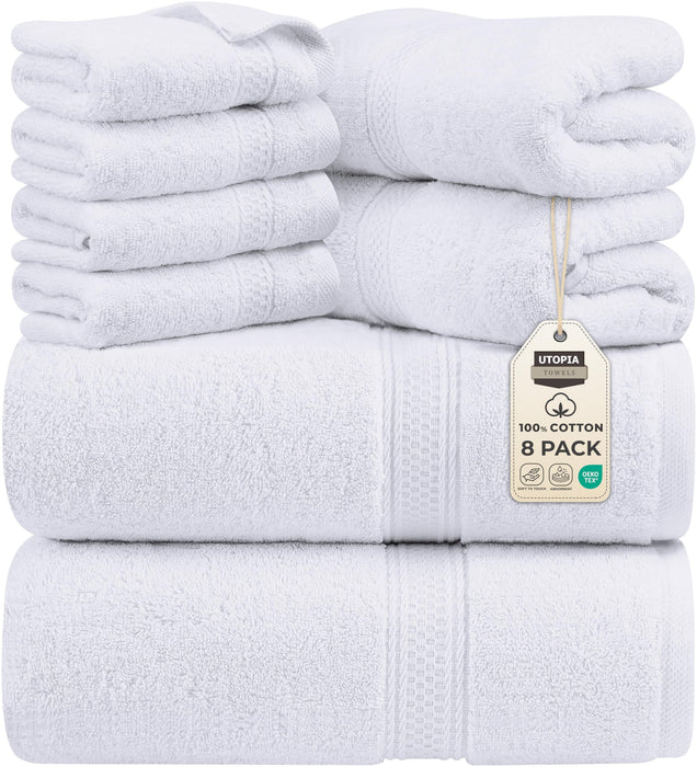 Utopia Towels 8 Piece Premium Towel Set, 2 Bath, 2 Hand, And 4 Wash Cloths, 600 GSM 100% Ring Spun Cotton, Highly Absorbent Towels For Bathroom, Gym, Hotel, And Spa, White