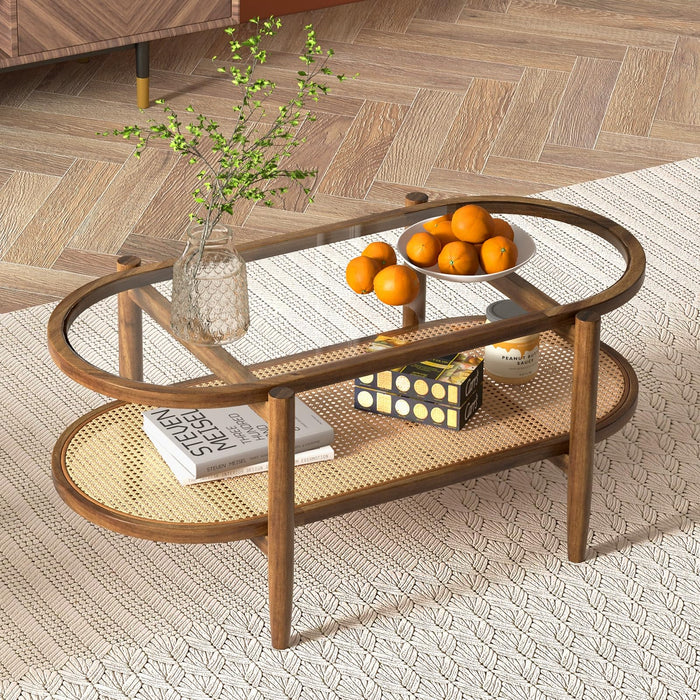 Giantex Rattan Coffee Table, 2-Tier Oval Acacia Wood Tea Table W/Tempered Glass Tabletop & PE Rattan Storage Shelf, Boho Cocktail Tables, Mid Century Modern Center Table For Living Room Office, Brown (LOCAL PICKUP ONLY)