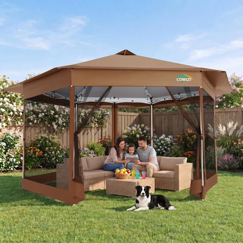 COBIZI 16X16 Pop Up Gazebo Tent With Mosquito Netting, Gazebos On Clearance, Hexagonal Outdoor Canopy Shelter, Patented Center Lock 6-Sided Portable Gazebos, Pop Up Canopy Tent For Backyard, Brown (LOCAL PICKUP ONLY)