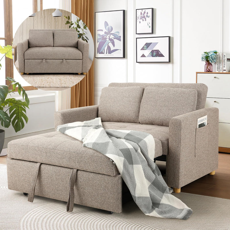 SEJOV 3-In-1 Convertible Sofa Bed, Linen Fabric Sleeper Couch Pull Out Bed, 49" 2-Seater Loveseat Futon Sofa With Spring Support, Adjustable Backrest And Pillows For Small Spaces, Living Room (LOCAL PICKUP ONLY)