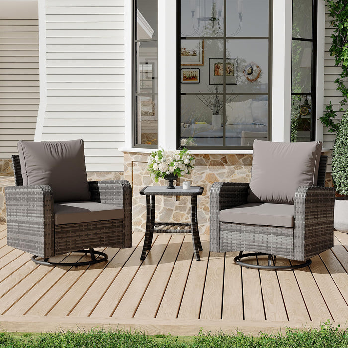 HOMREST 3 Piece Swivel Patio Chairs Wicker Set - All Weather Outdoor Patio Bistro Set With Side Table, Small Patio Furniture Set For Balcony Porch Deck Backyard, Grey (LOCAL PICKUP ONLY)