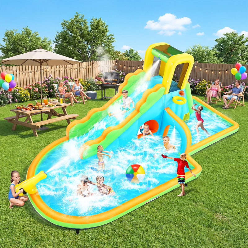 USED  AKEYDIY Inflatable Water Slide For Kids,16.4FT Water Bounce House With Tunnel,Splash Pool,Climbing Wall,Water Cannon&Basketball Rim,Durable 840D Oxford Outdoor Backyard Water Park,Includes 480W Blower (LOCAL PICKUP ONLY)