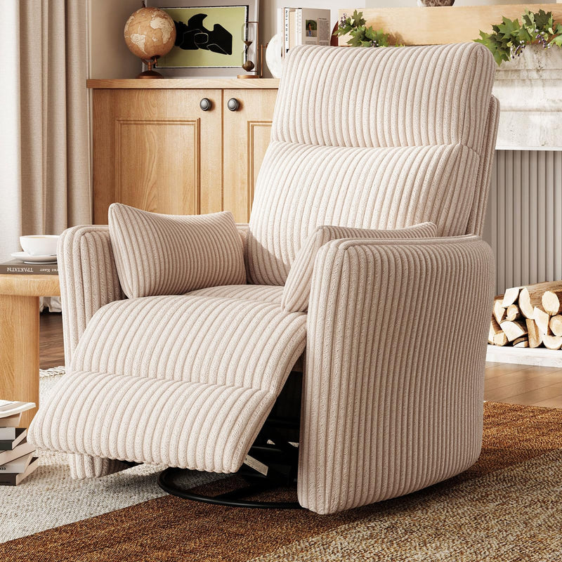 LINSY 360 Swivel Recliner Chair, Nursery Glider Rocking Chair With 2 Pillows, Corduroy Nursing Chair Comfy High Back Adult Rocker Recliner For Small Spaces, Nursery Bedroom Living Room (Beige) (LOCAL PICKUP ONLY)