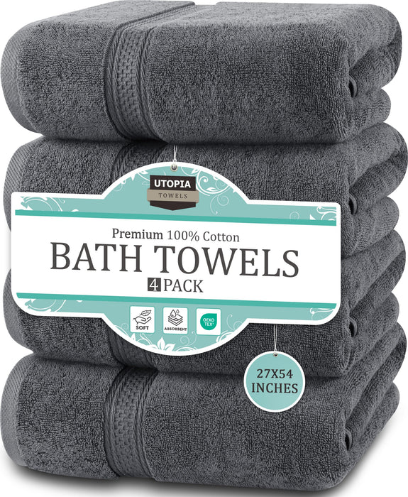 Utopia Towels 4 Pack Premium Bath Towels Set, 27 By 54 Inches, 100% Ring Spun Cotton 600GSM, Lightweight And Highly Absorbent Quick Drying Towels, Perfect For Daily Use, Grey