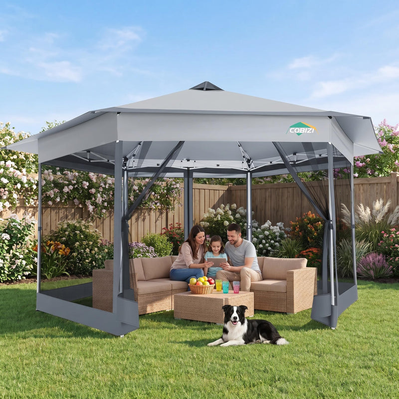 COBIZI 16X16 Pop Up Gazebo Canopy Clearance Tent With Mosquito Netting,Hexagonal Outdoor Screen Gazebos Canopy Shelter, Center Lock 6-Sided Portable Gazebos For Patio Backyard Party, White (LOCAL PICKUP ONLY)