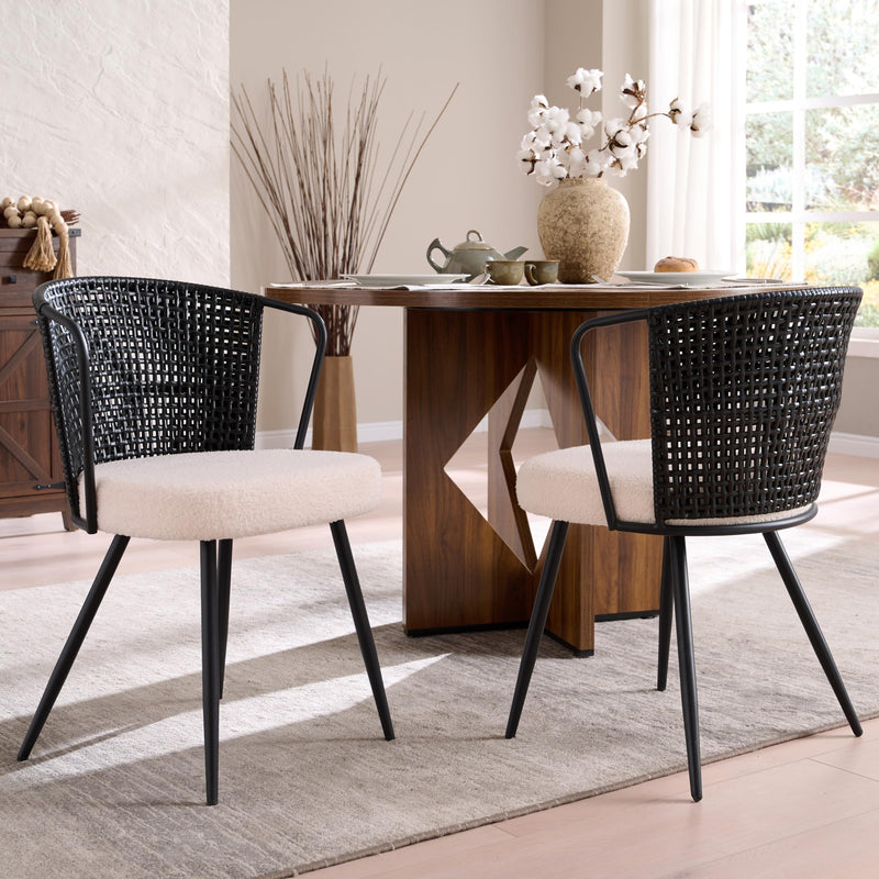 Bedspick Rattan Dining Chair Set Of 2 - Farmhouse Upholstered Cane Back Kitchen Chair With Boucle Cushion, Wingback Dining Room Seat With Metal Legs For Home, Kitchen (Black) (LOCAL PICKUP ONLY)