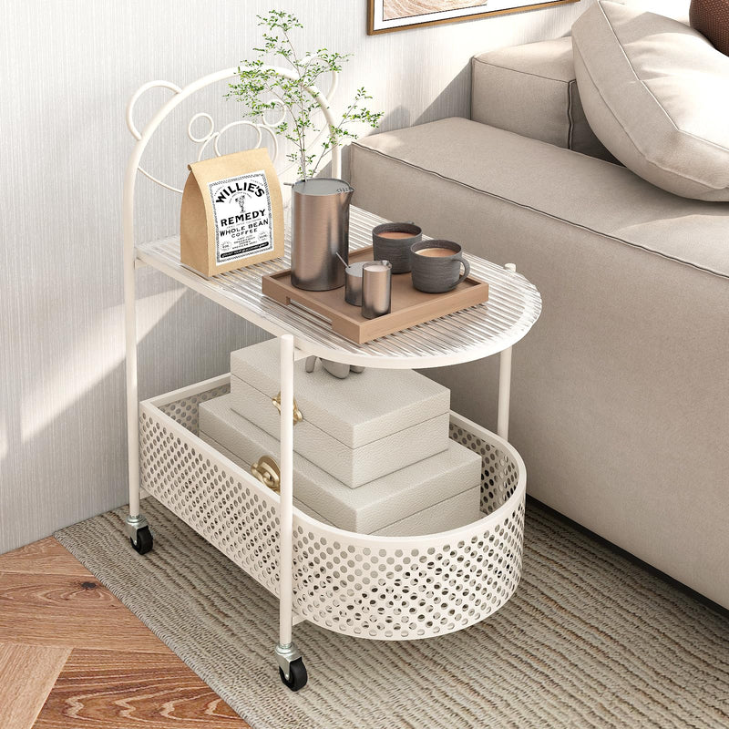 Giantex Mobile Glass Coffee Table, 2-Tier Modern Cocktail Table With Bear Pattern, Storage Basket & Metal Frame, Sofa Side Tea Table On Lockable Wheels, Center Table For Living Room, Bedroom (White) (LOCAL PICKUP ONLY)
