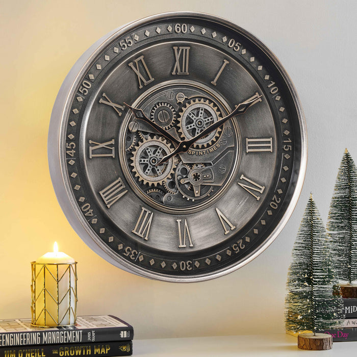 CLXEAST 24 Inch Large Moving Gear Wall Clock For Living Room Decor, Antique Silver Metal Roman Numerals Wall Clocks For Home Office (LOCAL PICKUP ONLY)