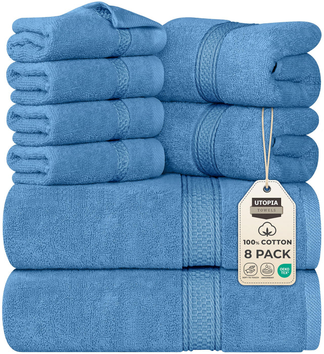 Utopia Towels 8 Piece Premium Towel Set, 2 Bath, 2 Hand, And 4 Wash Cloths, 600 GSM 100% Ring Spun Cotton, Highly Absorbent Towels For Bathroom, Gym, Hotel, And Spa, Electric Blue