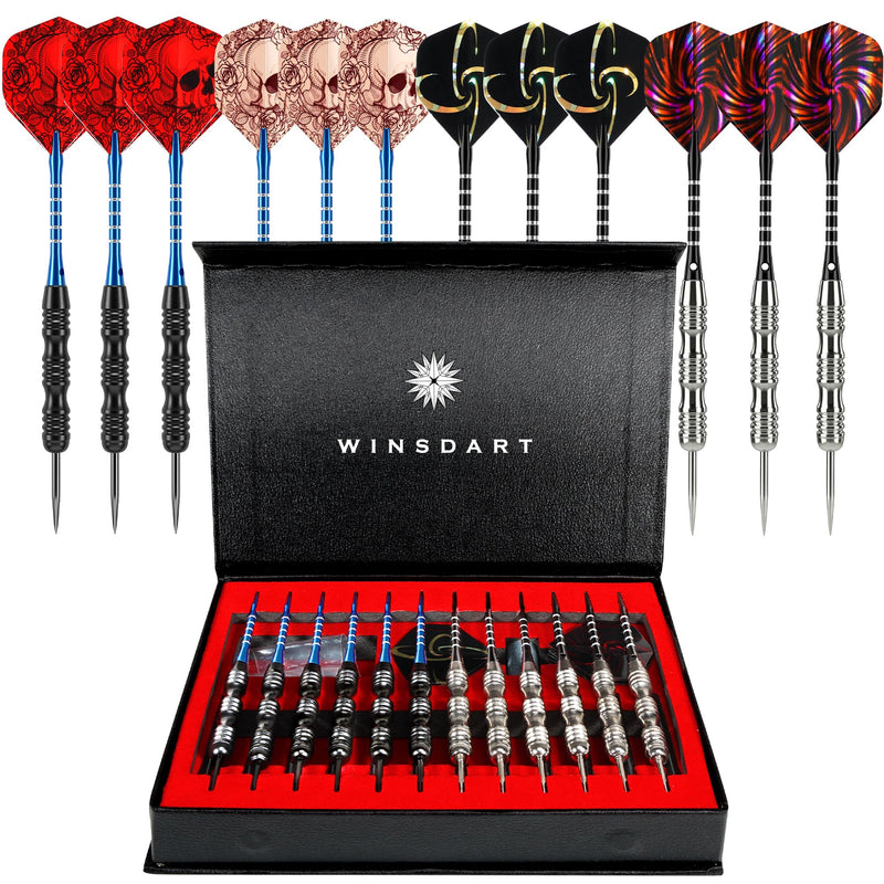 WINSDART Steel Tip Darts 12 Pack Set With Nonslip Iron Barrel Aluminum Dart Shafts And Flights Darts Sharpener An Gift Box (Black & Silver-Darts-A)