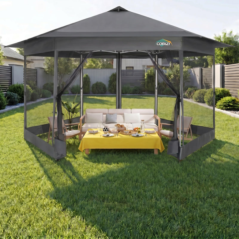 COBIZI BLACK 16X16 Pop Up Gazebo On Clearance, Hexagonal Outdoor Canopy Tent With Mosquito Netting, Adjustable Height And 256 Square Ft Of Shade For Party, Backyard, Gardens With Vented Top(Dark Gray) (LOCAL PICKUP ONLY)