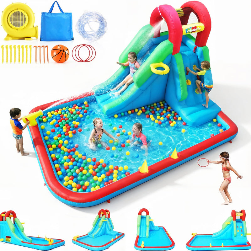 Inflatable Water Slide For Kids, 8-In-1 Blow Up Water Slide, Compact Water Park With Long Slide, Ring Toss, Basketball Hoop, Water Cannon, Climbing Wall & Splash Pool For Backyard Outdoor Fun (LOCAL PICKUP ONLY)