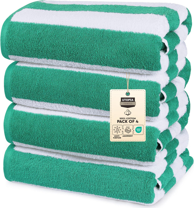 Utopia Towels 4 Pack Cabana Stripe Beach Towel, 30 By 60 Inches, Oversized 100% Ring Spun Cotton Pool Towels, Highly Absorbent Quick Dry Bath Towels For Beach, And Swim, Green