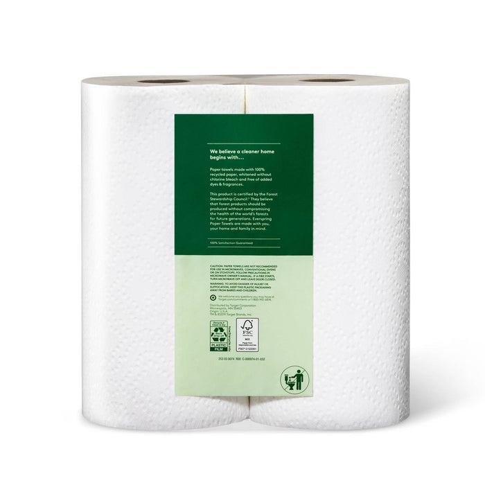 100% Recycled Paper Towels - 2 Rolls - Everspring
