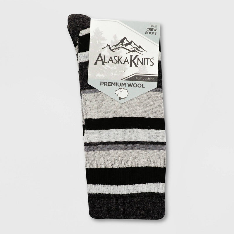 Alaska Knits Women's Wool Blend Striped Crew Boot Socks - Black 4-10