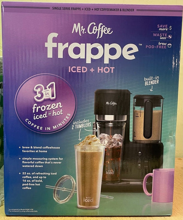 Mr. Coffee Frappe Single-Serve Iced and Hot Coffee Maker/Blender with 2 Reusable Tumblers and Coffee Filter - Black