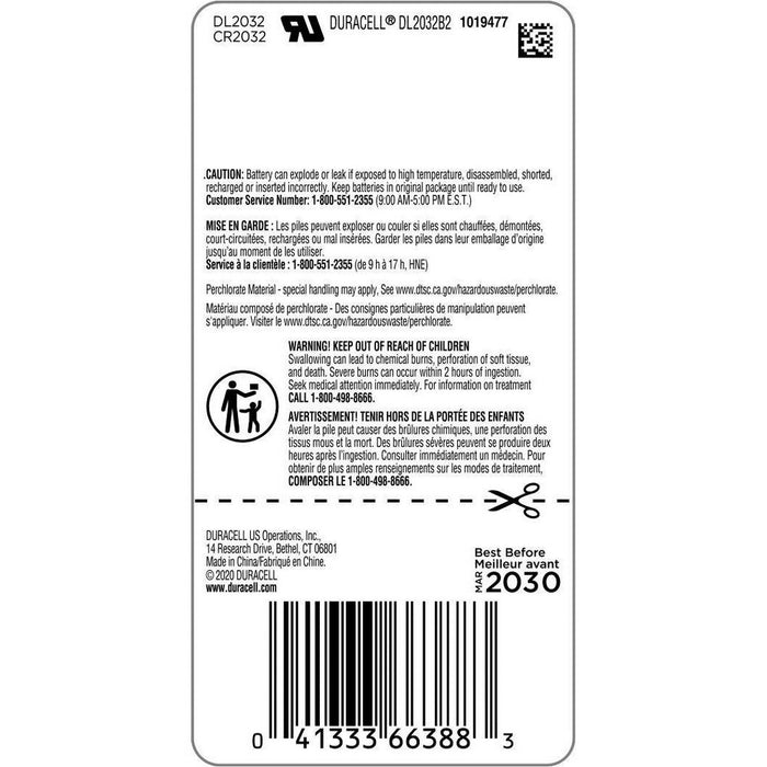 Duracell 2032 Batteries Lithium Coin Button - 2 Pack - Specialty Battery w/ Bitterant Technology