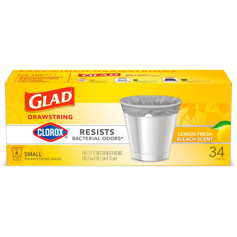 Glad Drawstring Small Trash Bags - Lemon Fresh Bleach - 4 Gallon - 34ct
