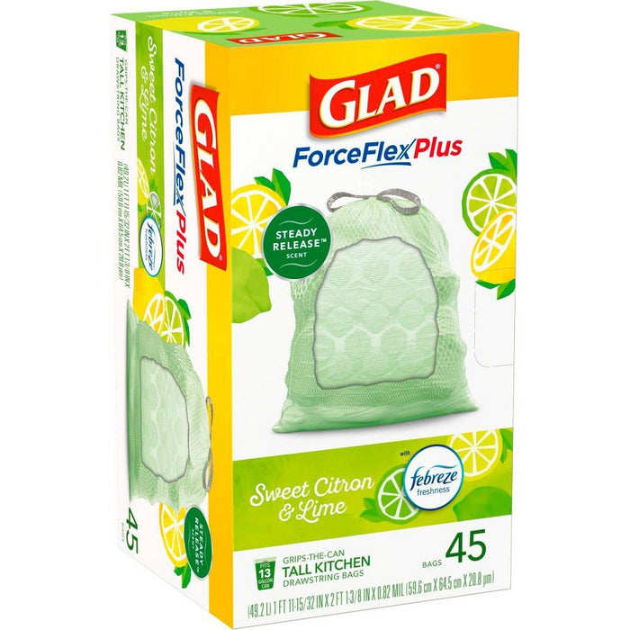 Glad ForceFlexPlus + Tall Kitchen Drawstring Trash Bags - Febreze Sweet Citron & Lime - 13 Gallon - 45ct