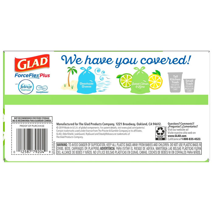 Glad ForceFlexPlus + Tall Kitchen Drawstring Trash Bags - Febreze Sweet Citron & Lime - 13 Gallon - 45ct