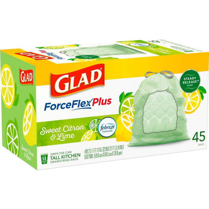 Glad ForceFlexPlus + Tall Kitchen Drawstring Trash Bags - Febreze Sweet Citron & Lime - 13 Gallon - 45ct