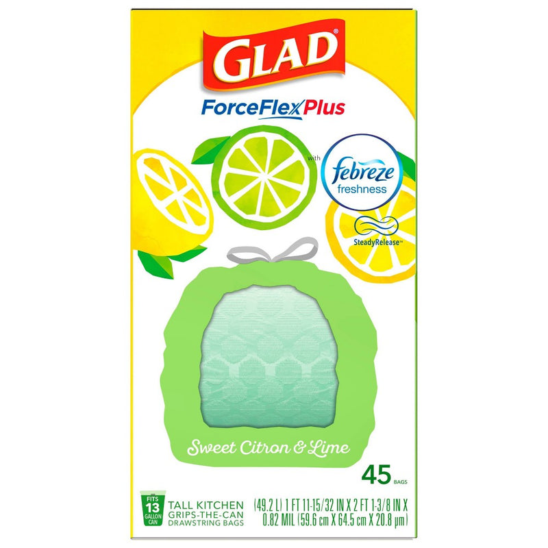 Glad ForceFlexPlus + Tall Kitchen Drawstring Trash Bags - Febreze Sweet Citron & Lime - 13 Gallon - 45ct