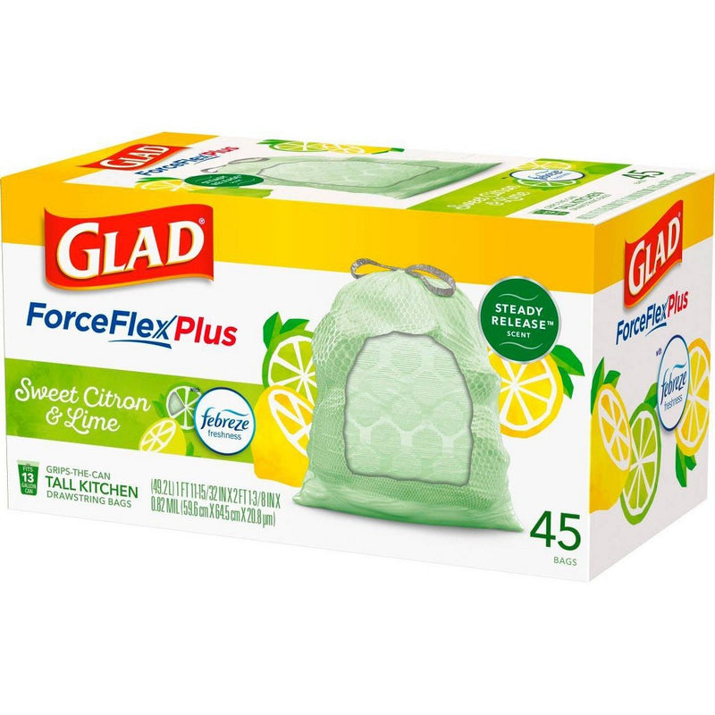 Glad ForceFlexPlus + Tall Kitchen Drawstring Trash Bags - Febreze Sweet Citron & Lime - 13 Gallon - 45ct