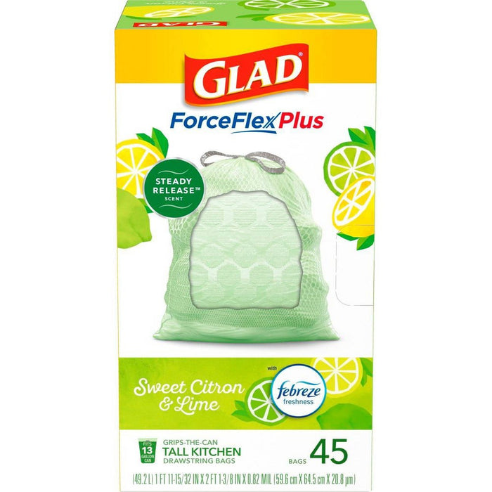 Glad ForceFlexPlus + Tall Kitchen Drawstring Trash Bags - Febreze Sweet Citron & Lime - 13 Gallon - 45ct