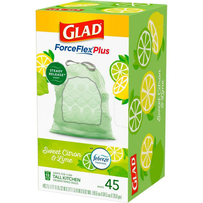 Glad ForceFlexPlus + Tall Kitchen Drawstring Trash Bags - Febreze Sweet Citron & Lime - 13 Gallon - 45ct