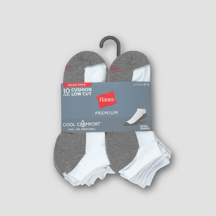 Men's Hanes Premium 10Pk White Low Cut Socks