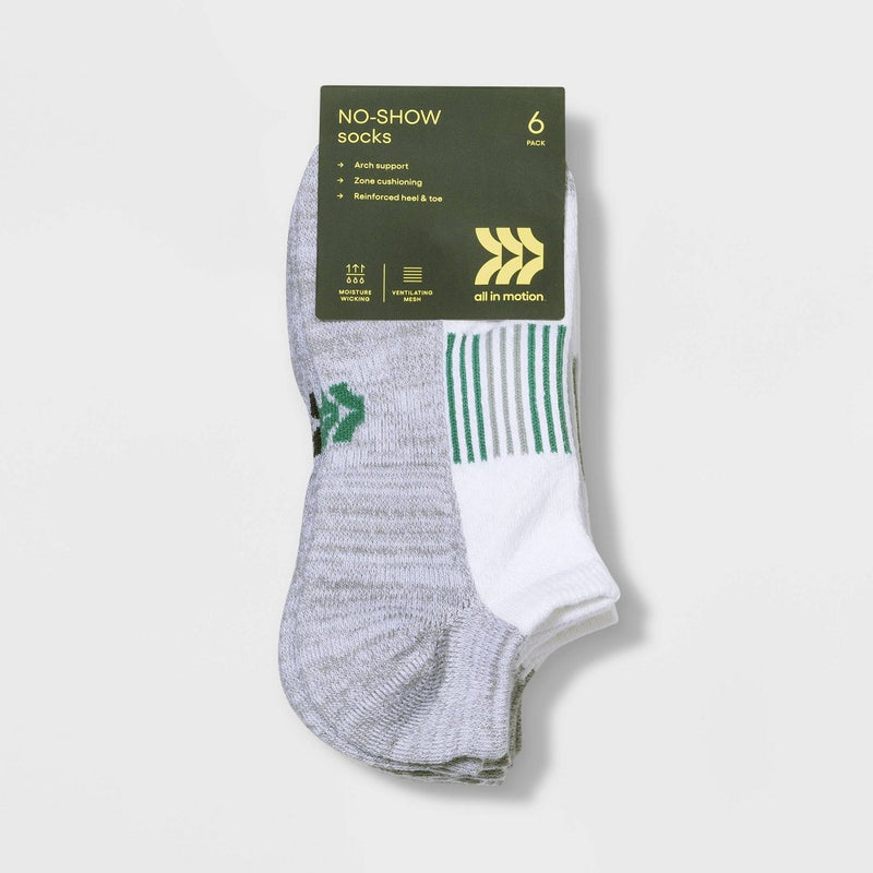 Women's Finish Line Striped Cushioned 6pk No Show Athletic Socks - All in Motion White 4-10