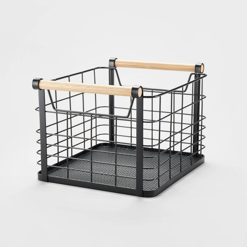 Small Wire Natural Wood Handles Milk Crate Black - Brightroom