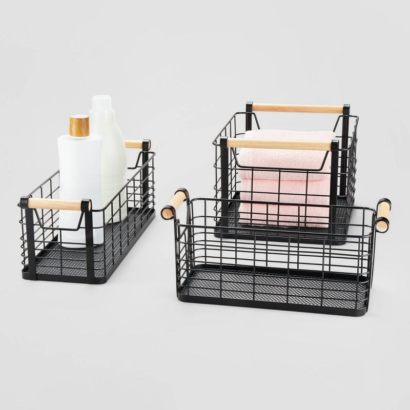 Small Wire Natural Wood Handles Milk Crate Black - Brightroom
