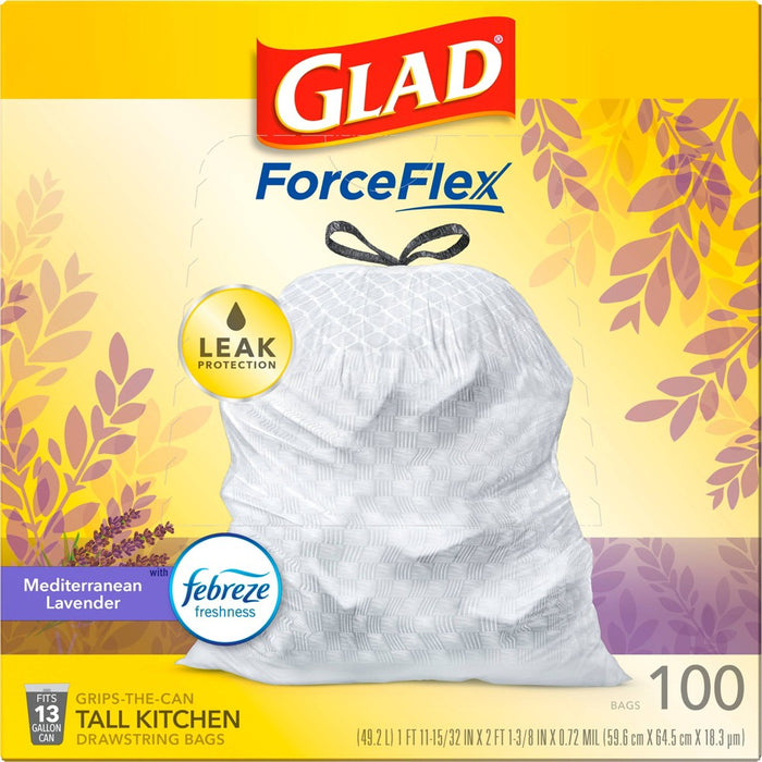 Glad ForceFlex Tall Kitchen Drawstring Trash Bags - Febreze Mediterranean Lavender - 13Gallon/100ct