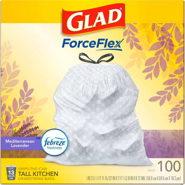 Glad ForceFlex Tall Kitchen Drawstring Trash Bags - Febreze Mediterranean Lavender - 13Gallon/100ct