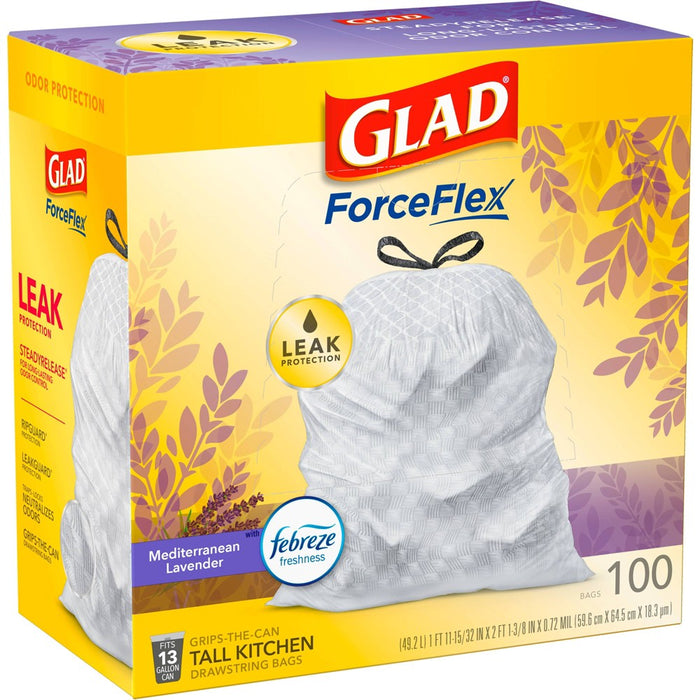 Glad ForceFlex Tall Kitchen Drawstring Trash Bags - Febreze Mediterranean Lavender - 13Gallon/100ct