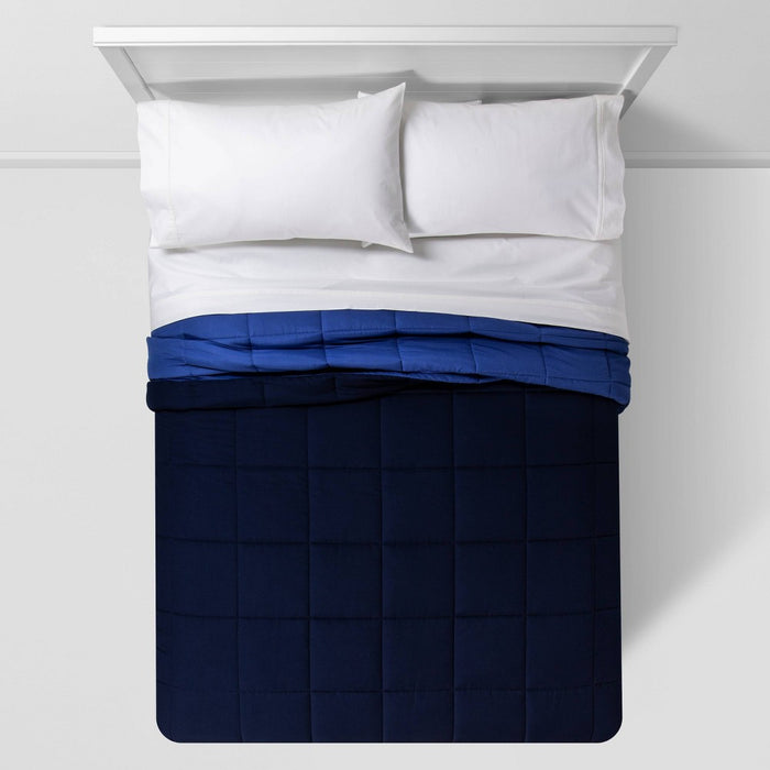Full/Queen Reversible Microfiber Solid Comforter Navy/Blue - Room Essentials