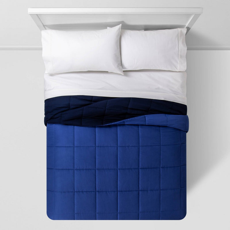 Full/Queen Reversible Microfiber Solid Comforter Navy/Blue - Room Essentials