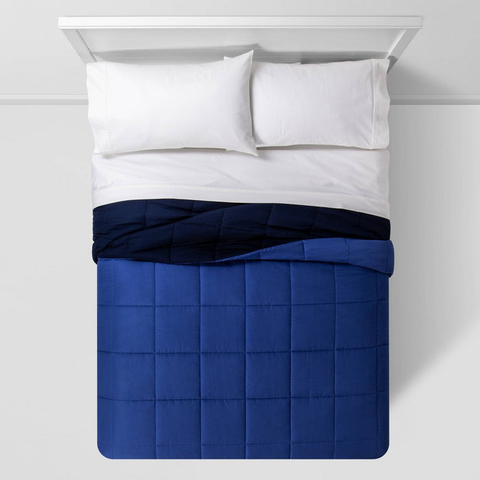 Full/Queen Reversible Microfiber Solid Comforter Navy/Blue - Room Essentials