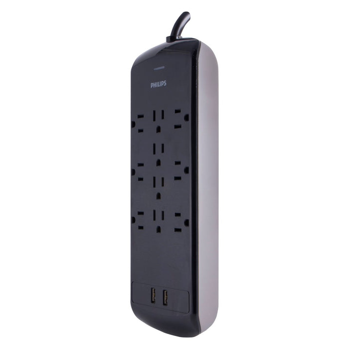 Philips 10-Outlet 2 USB Port Surge Protector with 6ft Extension Cord, Black