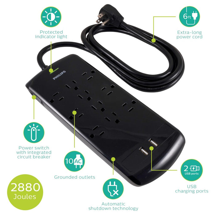 Philips 10-Outlet 2 USB Port Surge Protector with 6ft Extension Cord, Black