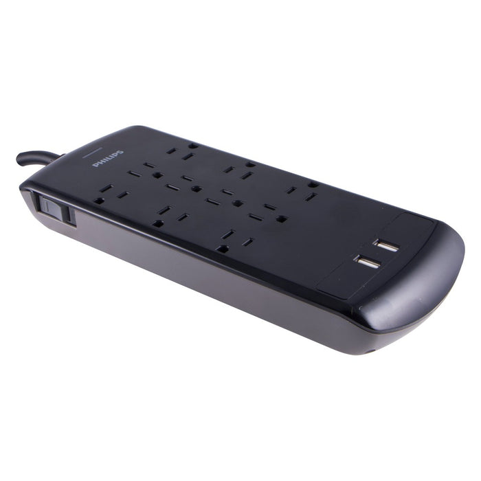 Philips 10-Outlet 2 USB Port Surge Protector with 6ft Extension Cord, Black