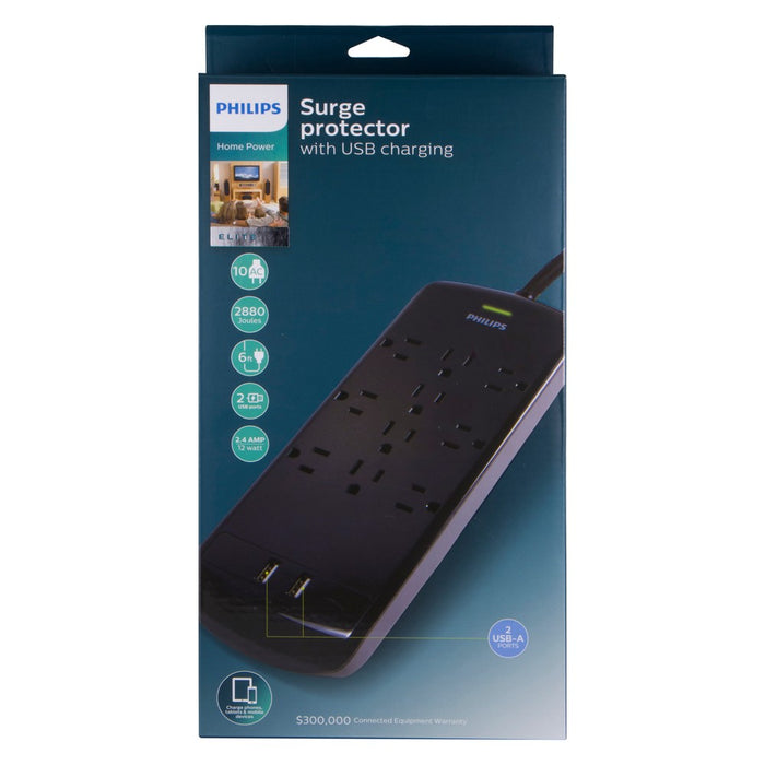 Philips 10-Outlet 2 USB Port Surge Protector with 6ft Extension Cord, Black