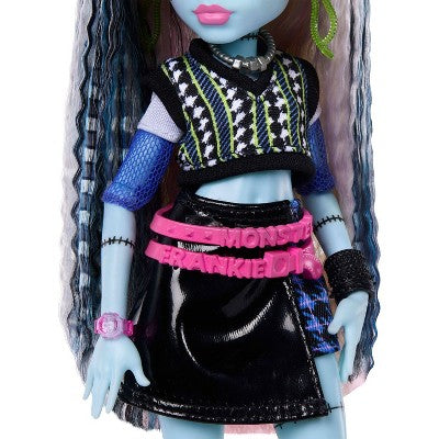 Monster High Frankie Stein Fashion Doll in Black Pleather Skirt with Pet Watzie and 7 Accessories