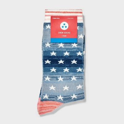 Women's Stars Crew Socks - Blue/Red 4-10: Recycled Polyester Blend, Lightweight Knit, Banded Cuff, Machine Washable