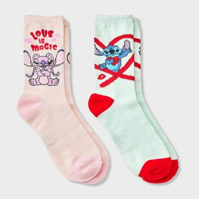 Women's Lilo & Stitch Valentine's Day Giftable 2pk Crew Socks - Blue/Pink 4-10