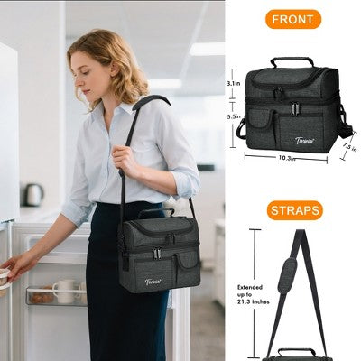 Tirrinia Large Lunch Tote Bag for Men Women Insulated Dual Compartment Leakproof Lunch Box Reusable Thermal Lunch Cooler Tote with Front Pocket