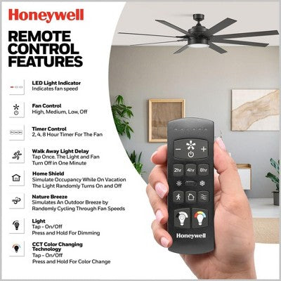 Honeywell Xerxes 70" Ceiling Fan, Contemporary Indoor Ceiling Fan with LED Light, Dual Mounting Options, Remote, & 8 Reversible Blades, Black (LOCAL PICKUP ONLY)