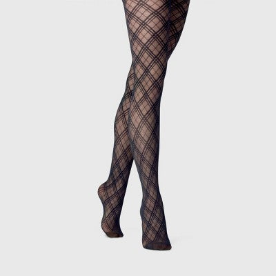 Women's Bias Plaid Tights - A New Day Black M/L: High Waisted, Sheer, Nylon-Spandex Blend, Tagless, Closed Toe