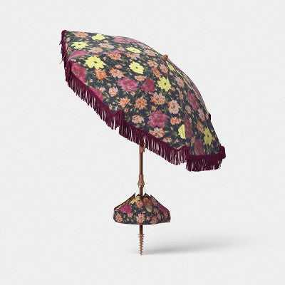 6' Round Floral Beach Umbrella with Fringe Burgundy - Threshold (LOCAL PICKUP ONLY)